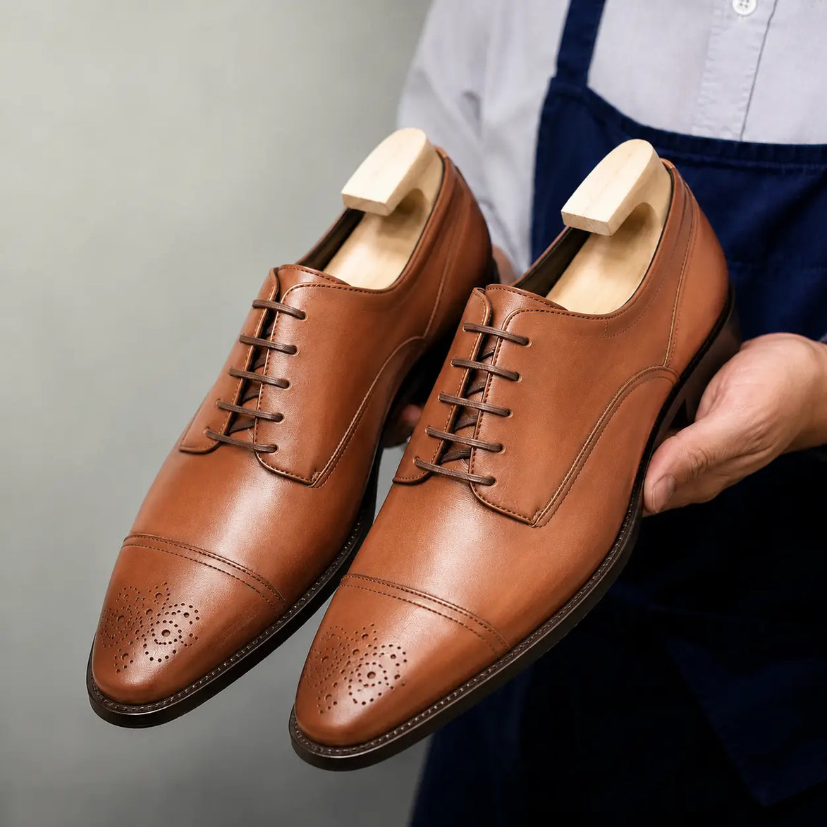 Man holding a pair of Melodiapelle Meta Wholecut Oxford shoes in tan leather, close-up