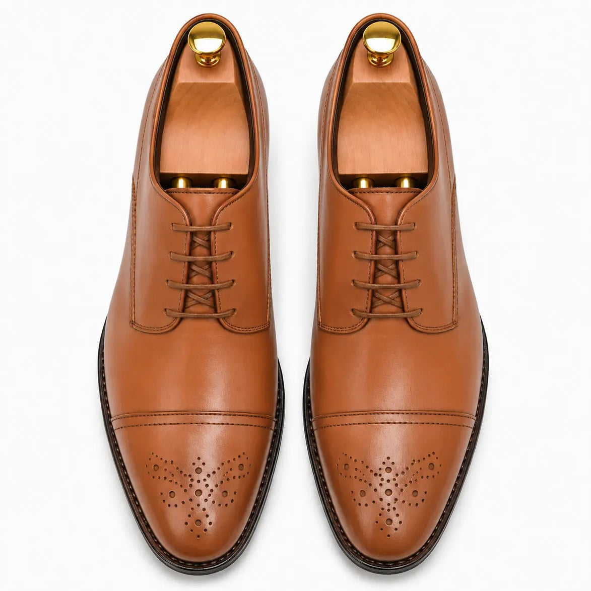 Melodiapelle Meta Wholecut Oxford in tan leather, pair top-down view, handcrafted in Agra
