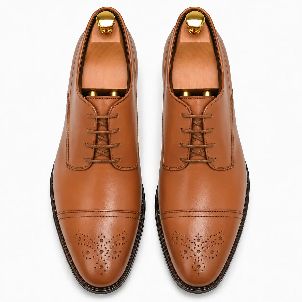 Melodiapelle Meta Wholecut Oxford in tan leather, pair top-down view, handcrafted in Agra
