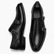 Black leather double monk strap shoe, three-quarter angle showing buckles and heel