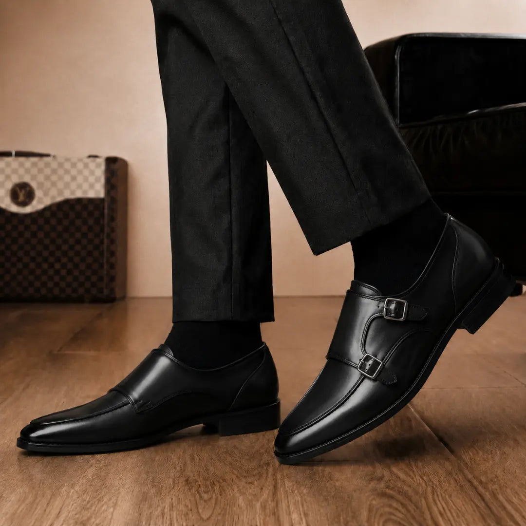 Melodiapelle Mexico Double Monk Strap in black leather worn with formal trousers, on-feet shot