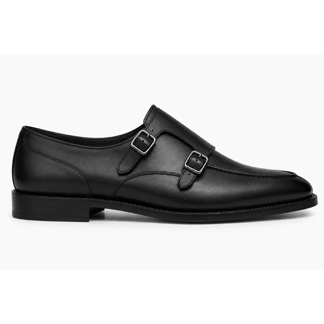 Side profile of the Mexico Double Monk Strap in black leather on white background