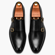 Melodiapelle Mexico Double Monk Strap in black leather, pair top-down view, handcrafted in Agra