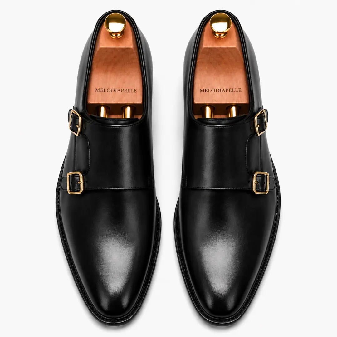 Melodiapelle Mexico Double Monk Strap in black leather, pair top-down view, handcrafted in Agra