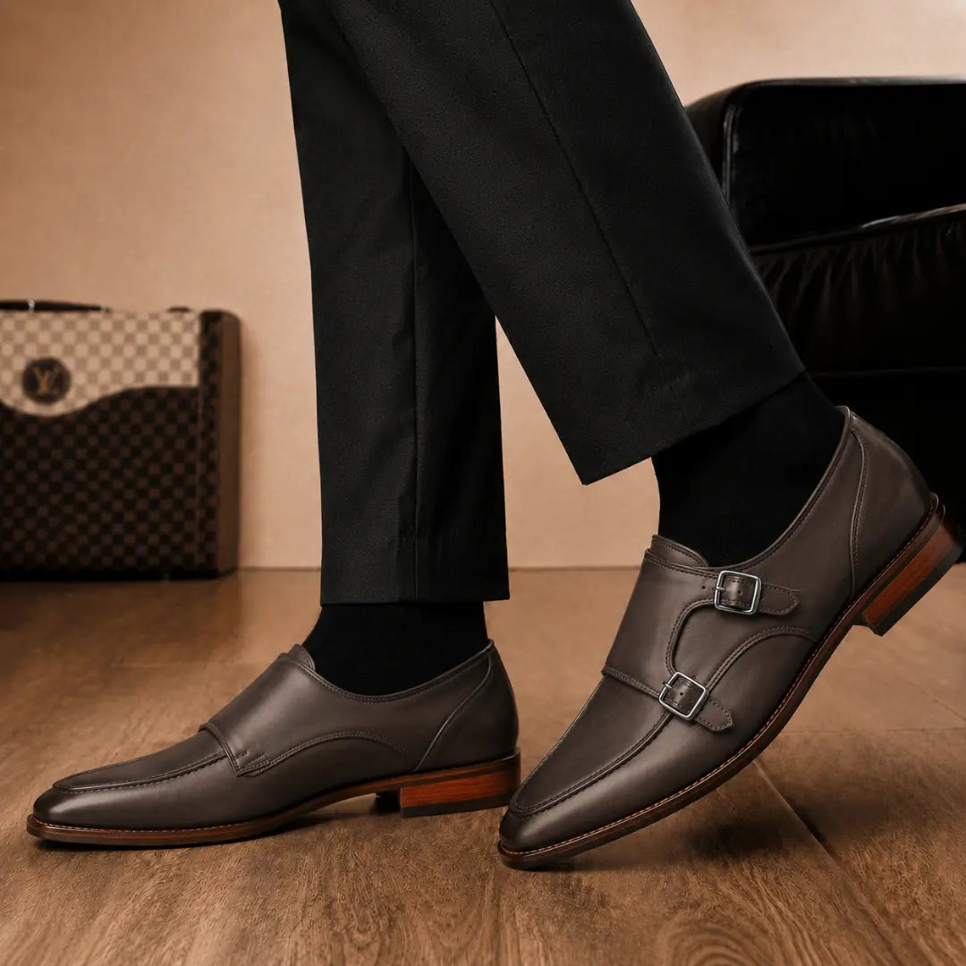 Melodiapelle Mexico Double Monk Strap in brown leather worn with formal trousers, on-feet shot