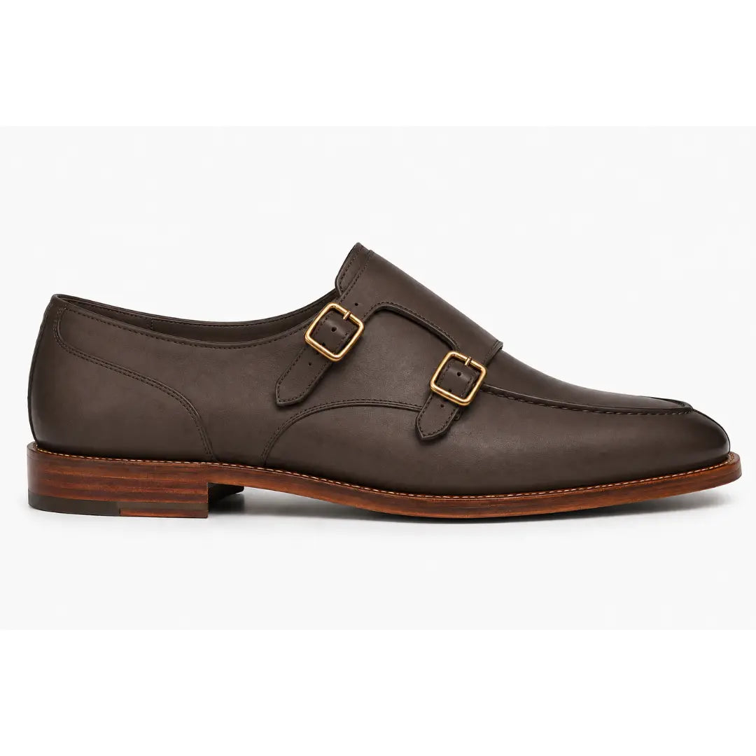 Side profile of the Mexico Double Monk Strap in brown leather on white background