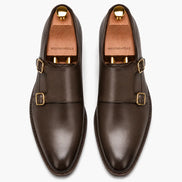Melodiapelle Mexico Double Monk Strap in brown leather, pair top-down view, handcrafted in Agra