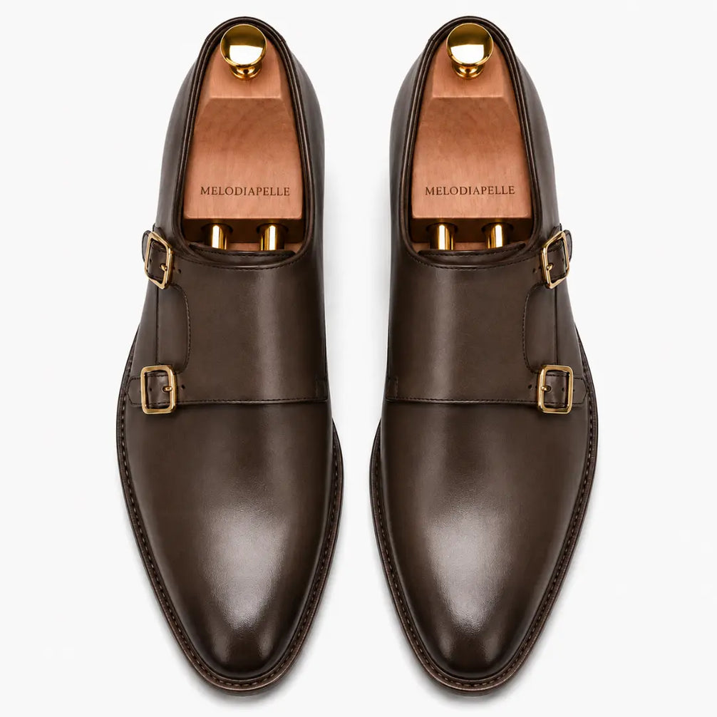 Melodiapelle Mexico Double Monk Strap in brown leather, pair top-down view, handcrafted in Agra