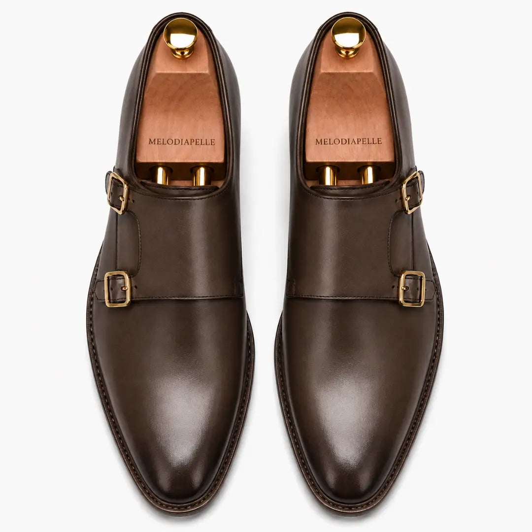 Melodiapelle Mexico Double Monk Strap in brown leather, pair top-down view, handcrafted in Agra