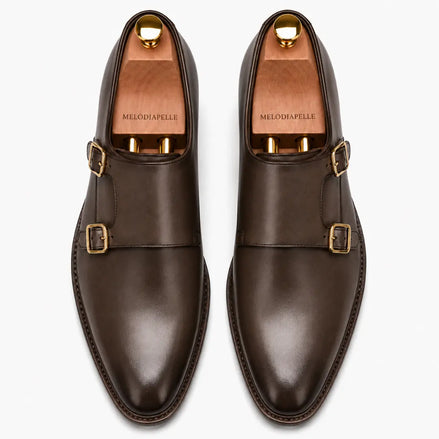Melodiapelle Mexico Double Monk Strap in brown leather, pair top-down view, handcrafted in Agra