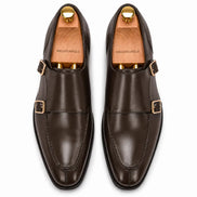 Melodiapelle Mexico Double Monk Strap in brown leather, pair top-down view, handcrafted in Agra