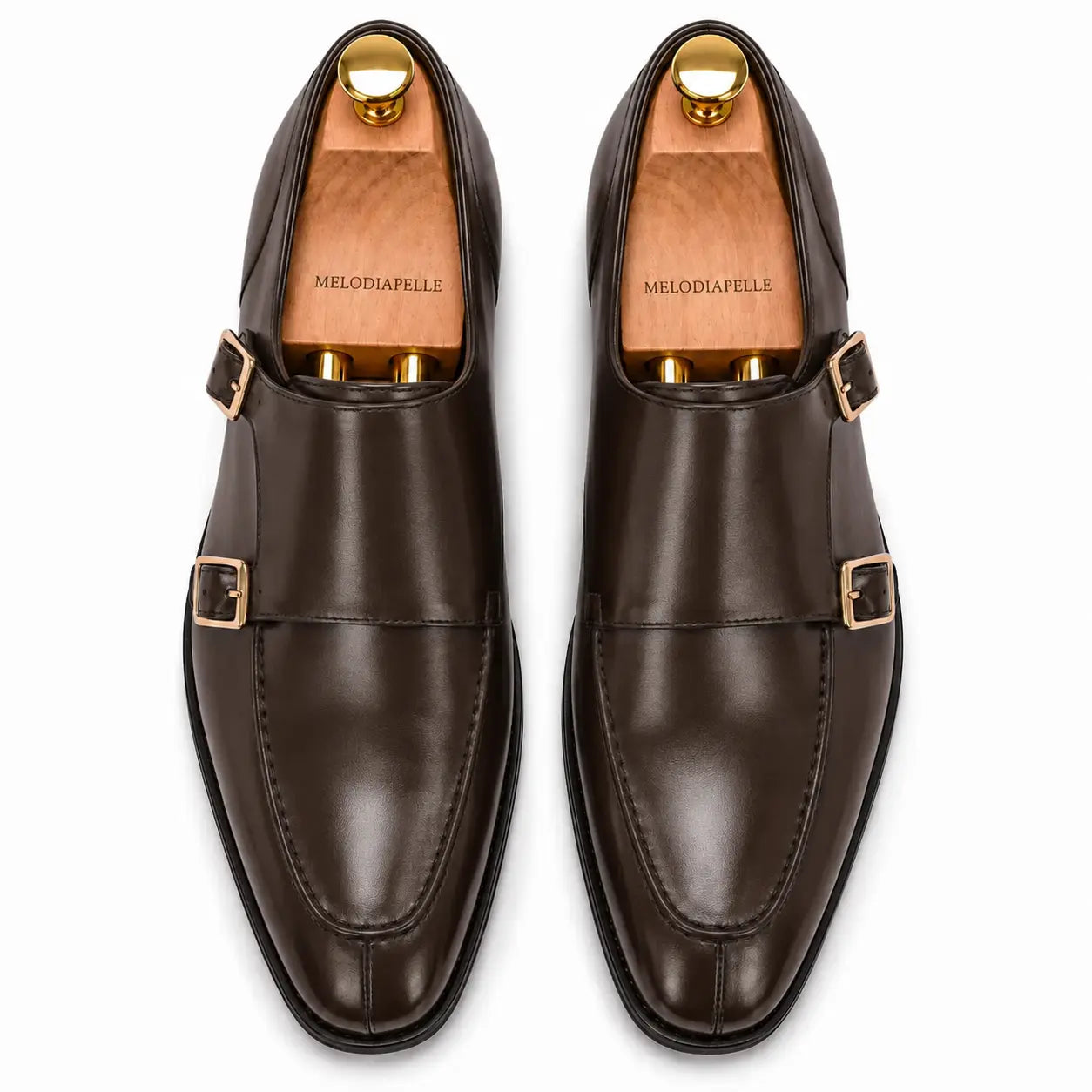 Melodiapelle Mexico Double Monk Strap in brown leather, pair top-down view, handcrafted in Agra