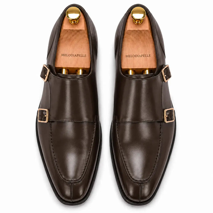 Melodiapelle Mexico Double Monk Strap in brown leather, pair top-down view, handcrafted in Agra