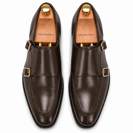 Melodiapelle Mexico Double Monk Strap in brown leather, pair top-down view, handcrafted in Agra
