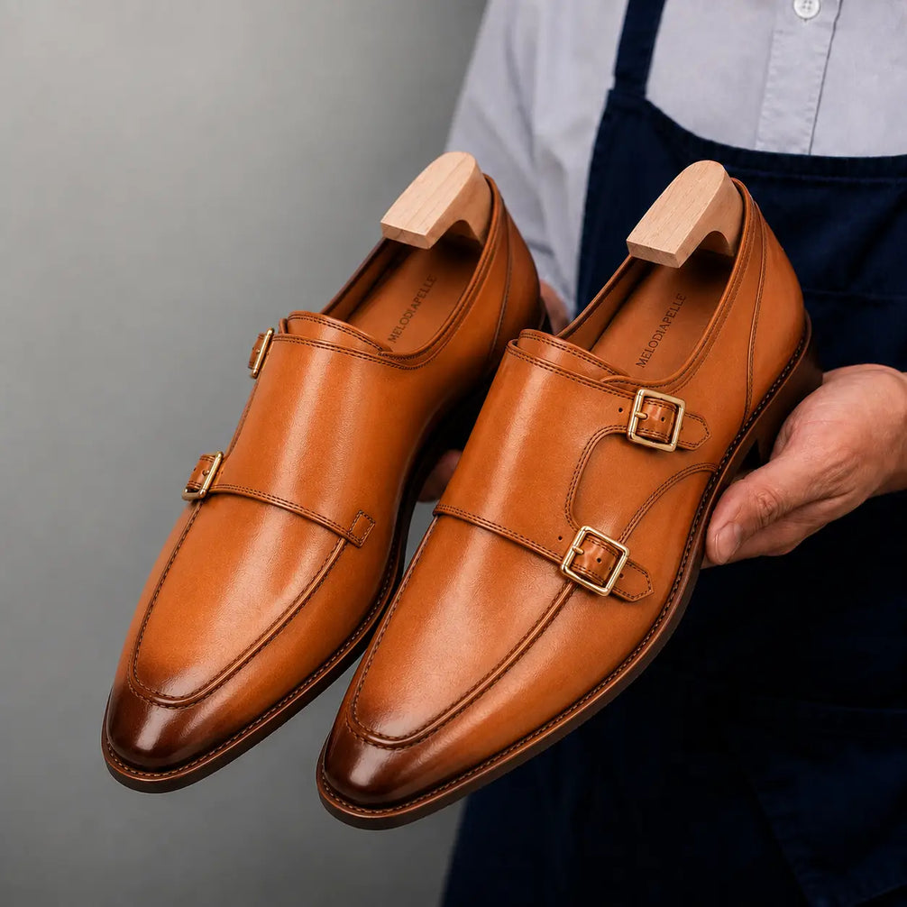 Man holding a pair of Melodiapelle Mexico Double Monk Strap shoes in honey tan burnished leather, close-up