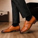 Melodiapelle Mexico Double Monk Strap in honey tan burnished leather worn with formal trousers, on-feet shot