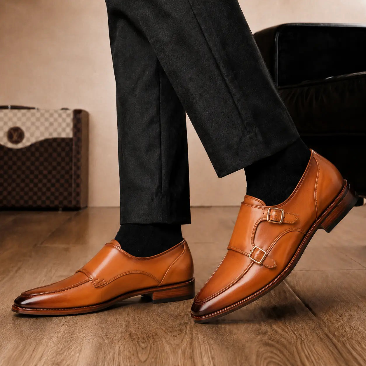 Melodiapelle Mexico Double Monk Strap in honey tan burnished leather worn with formal trousers, on-feet shot