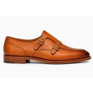 Side profile of the Mexico Double Monk Strap in honey tan burnished leather on white background