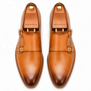 Melodiapelle Mexico Double Monk Strap in honey tan burnished leather, pair top-down view, handcrafted in Agra