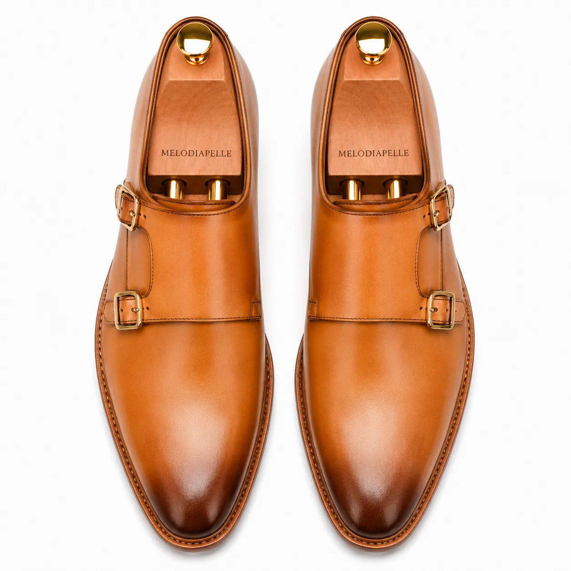 Melodiapelle Mexico Double Monk Strap in honey tan burnished leather, pair top-down view, handcrafted in Agra