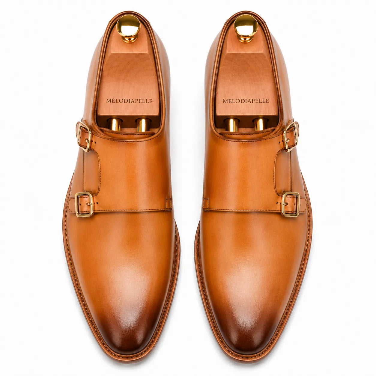 Melodiapelle Mexico Double Monk Strap in honey tan burnished leather, pair top-down view, handcrafted in Agra
