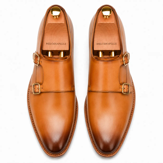Melodiapelle Mexico Double Monk Strap in honey tan burnished leather, pair top-down view, handcrafted in Agra