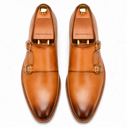 Melodiapelle Mexico Double Monk Strap in honey tan burnished leather, pair top-down view, handcrafted in Agra