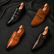 Melodiapelle Mexico Double Monk Strap collection in honey tan, brown and black leather, handcrafted double monk strap shoes displayed together