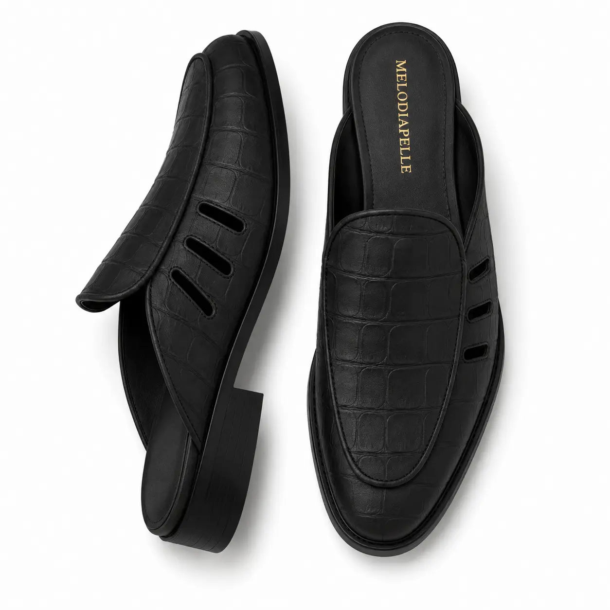Black leather perforated mule, three-quarter angle showing heel and cut-out strap detailing