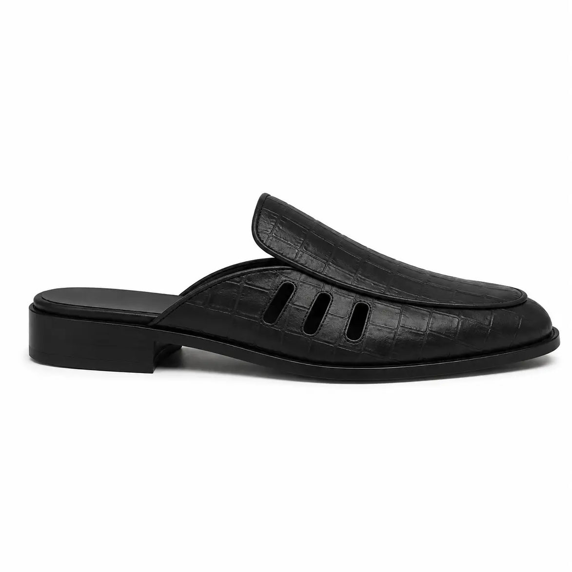 Side profile of the Miami Mule in black leather on white background