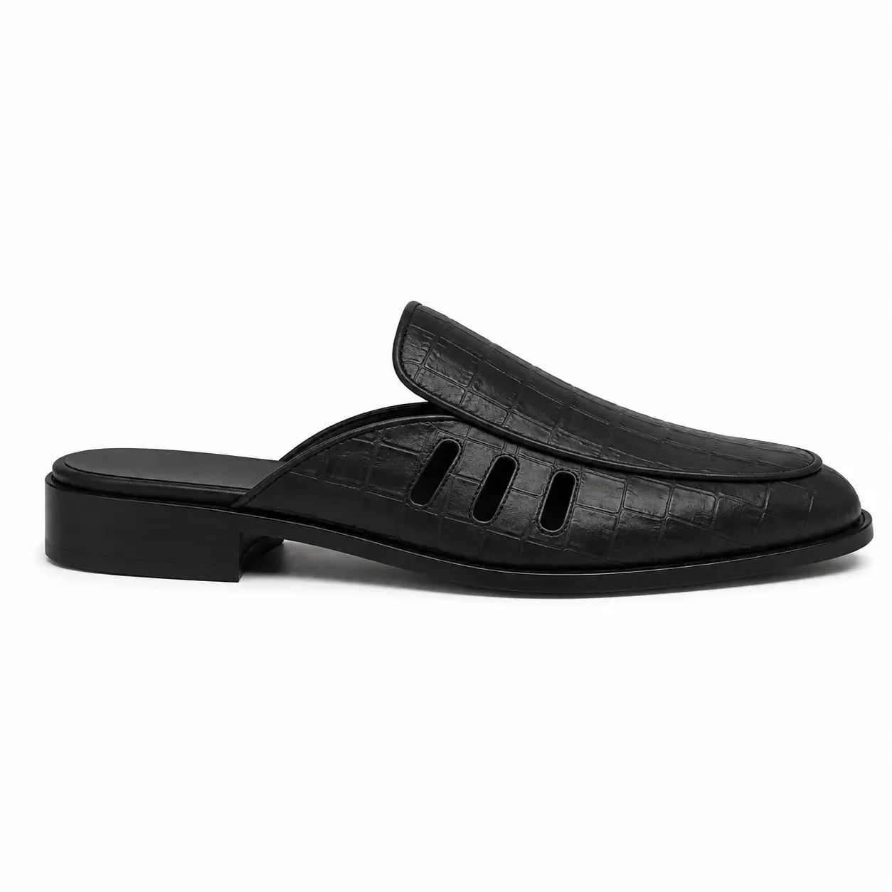 Side profile of the Miami Mule in black leather on white background