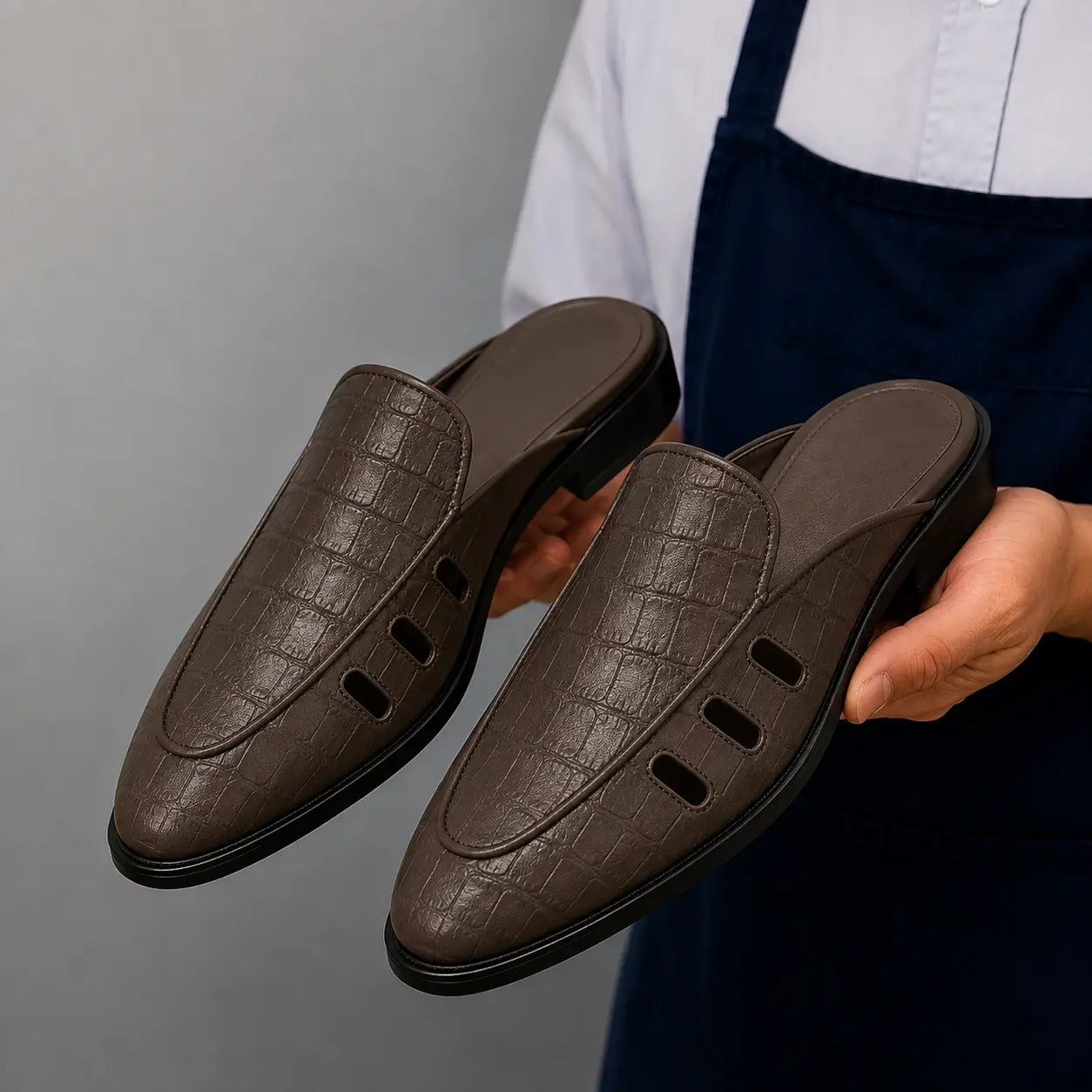 Man holding a pair of Melodiapelle Miami Mule shoes in dark brown leather, close-up