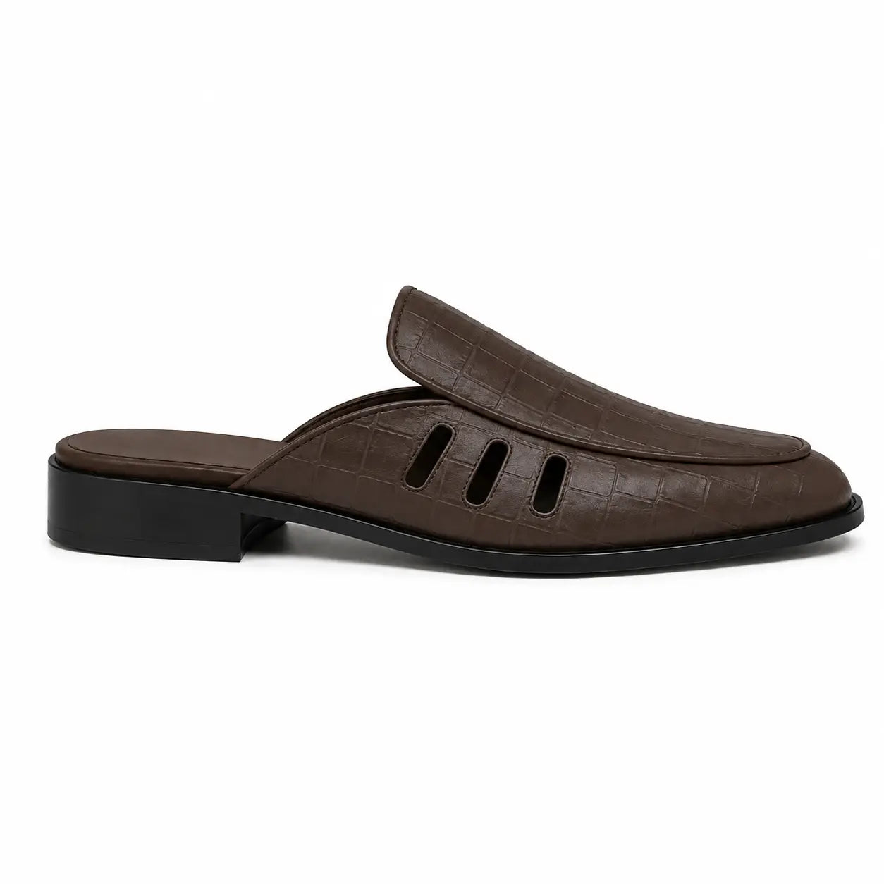Side profile of the Miami Mule in dark brown leather on white background