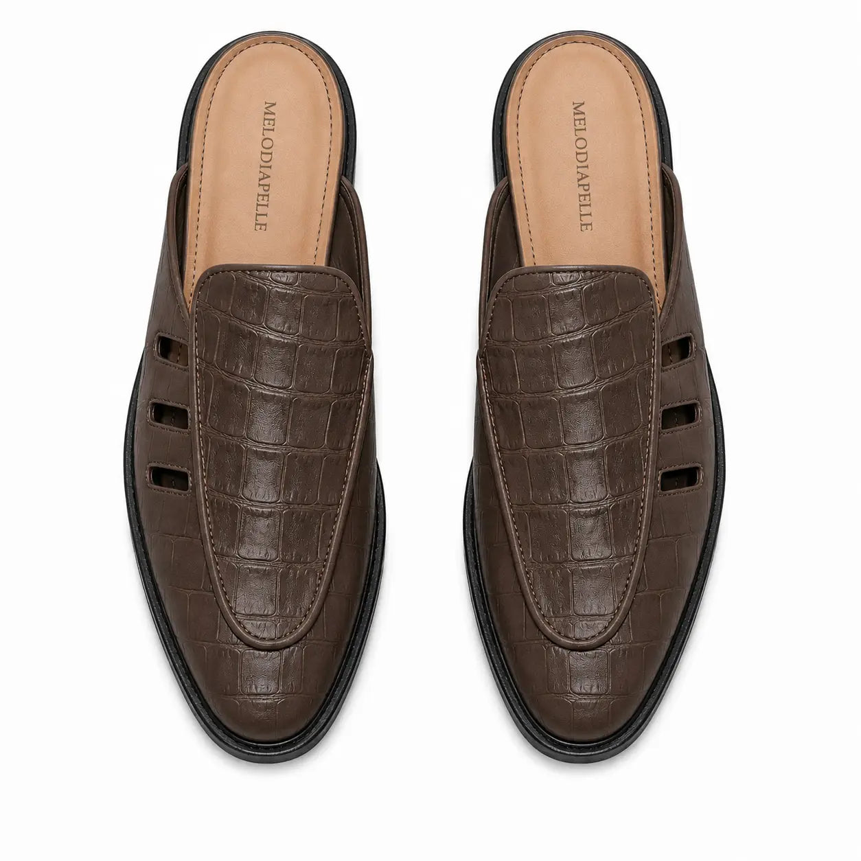 Melodiapelle Miami Mule in dark brown leather, pair top-down view, handcrafted in Agra