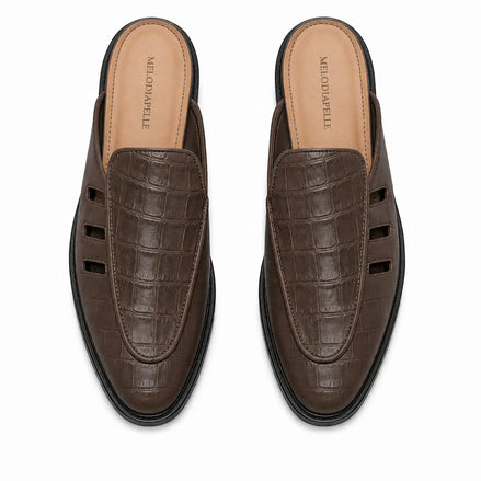 Melodiapelle Miami Mule in dark brown leather, pair top-down view, handcrafted in Agra