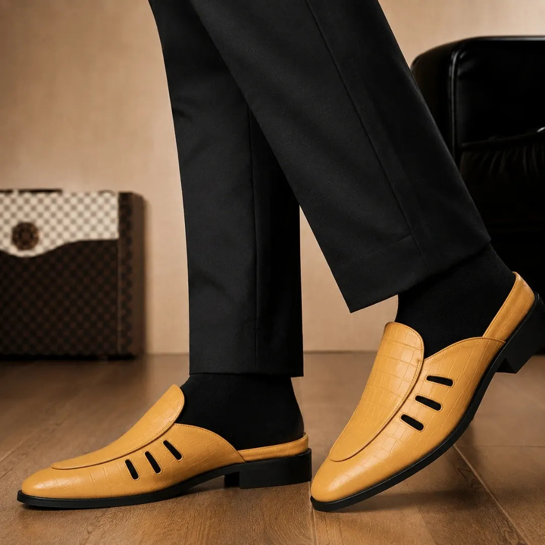 Melodiapelle Miami Mule in mustard yellow leather worn with trousers, on-feet shot