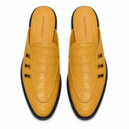 Melodiapelle Miami Mule in mustard yellow leather, pair top-down view, handcrafted in Agra