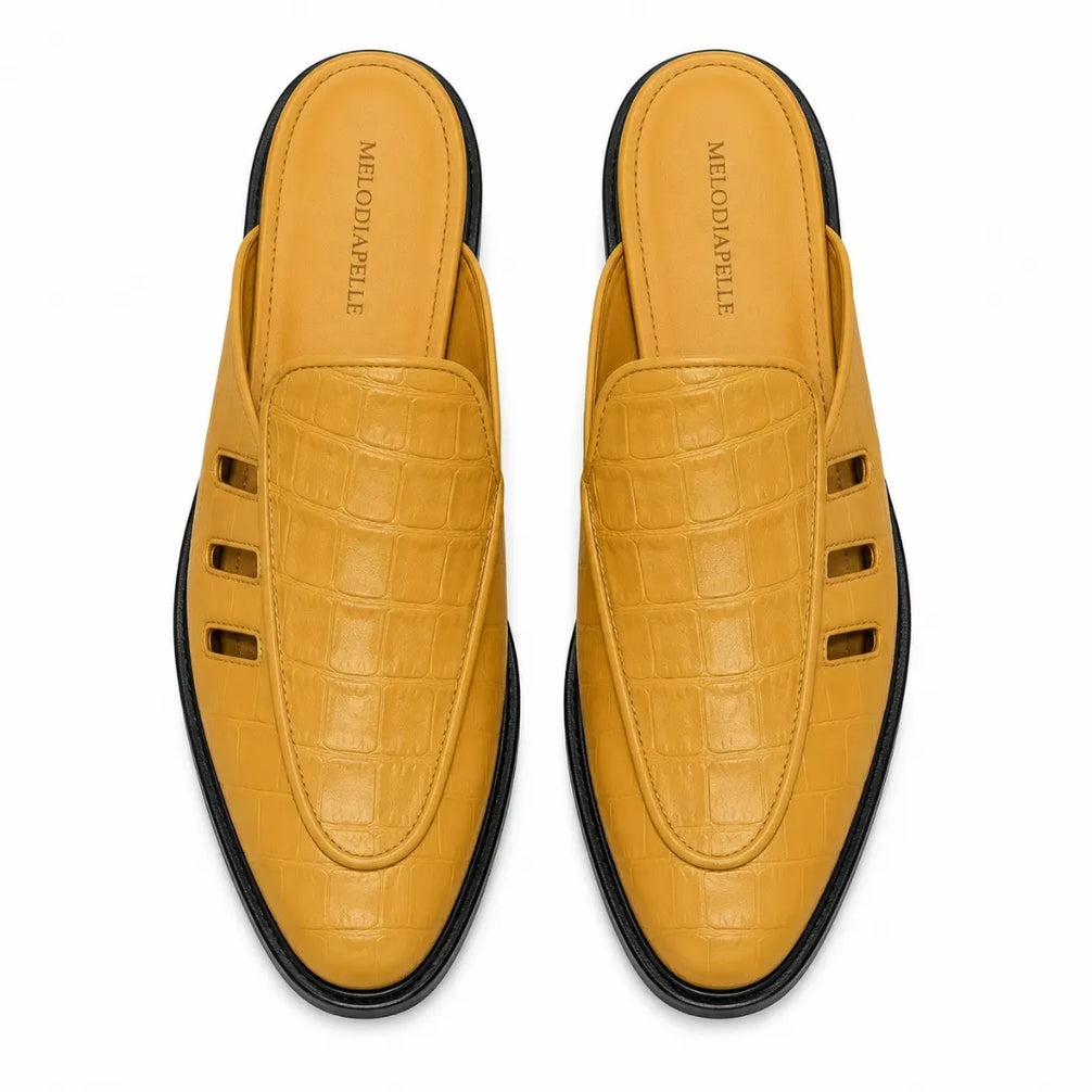Melodiapelle Miami Mule in mustard yellow leather, pair top-down view, handcrafted in Agra