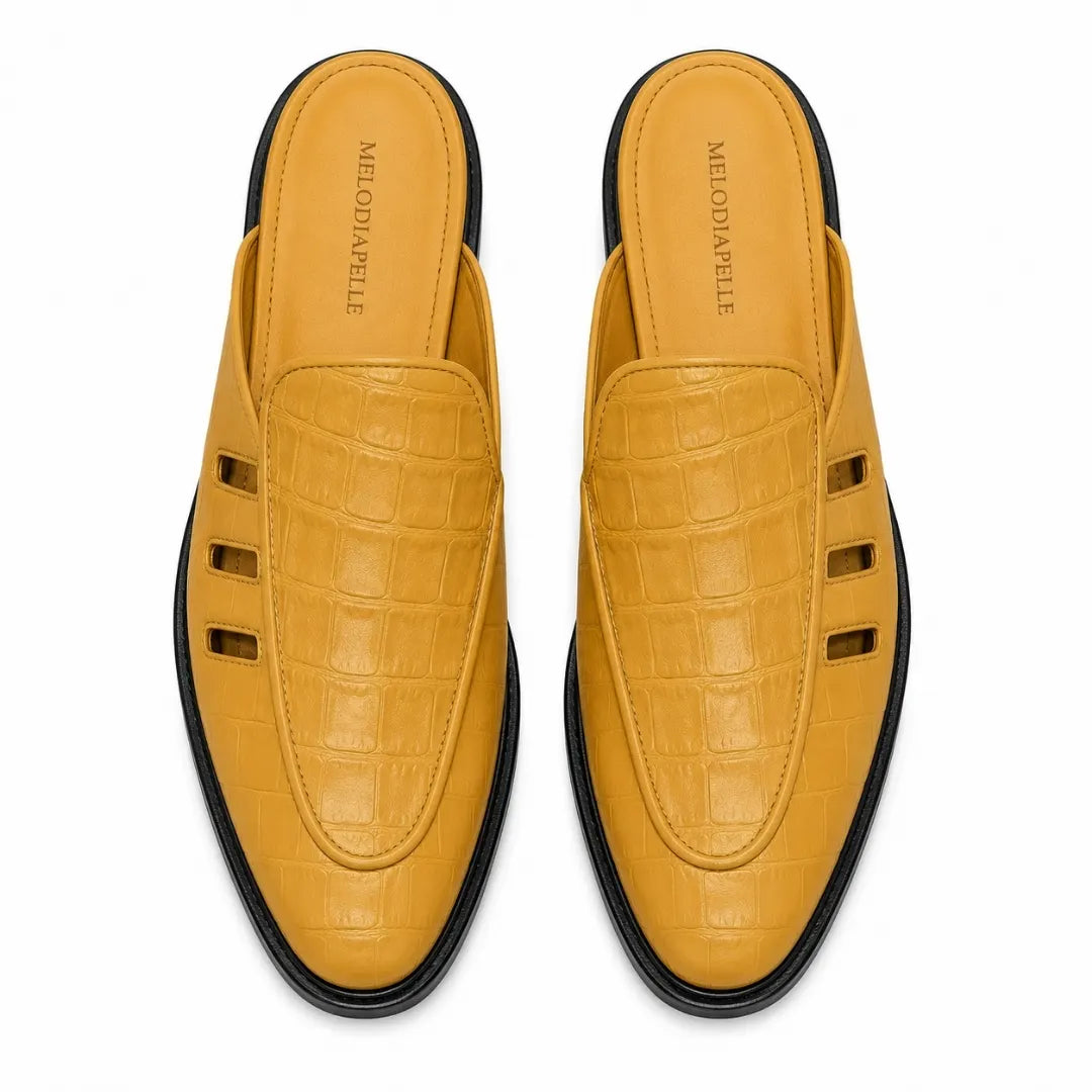 Melodiapelle Miami Mule in mustard yellow leather, pair top-down view, handcrafted in Agra