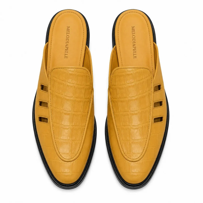 Melodiapelle Miami Mule in mustard yellow leather, pair top-down view, handcrafted in Agra