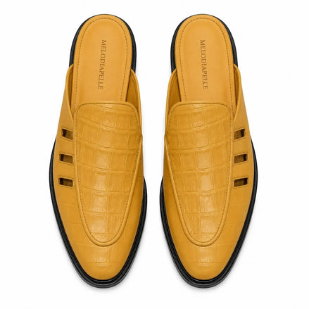 Melodiapelle Miami Mule in mustard yellow leather, pair top-down view, handcrafted in Agra