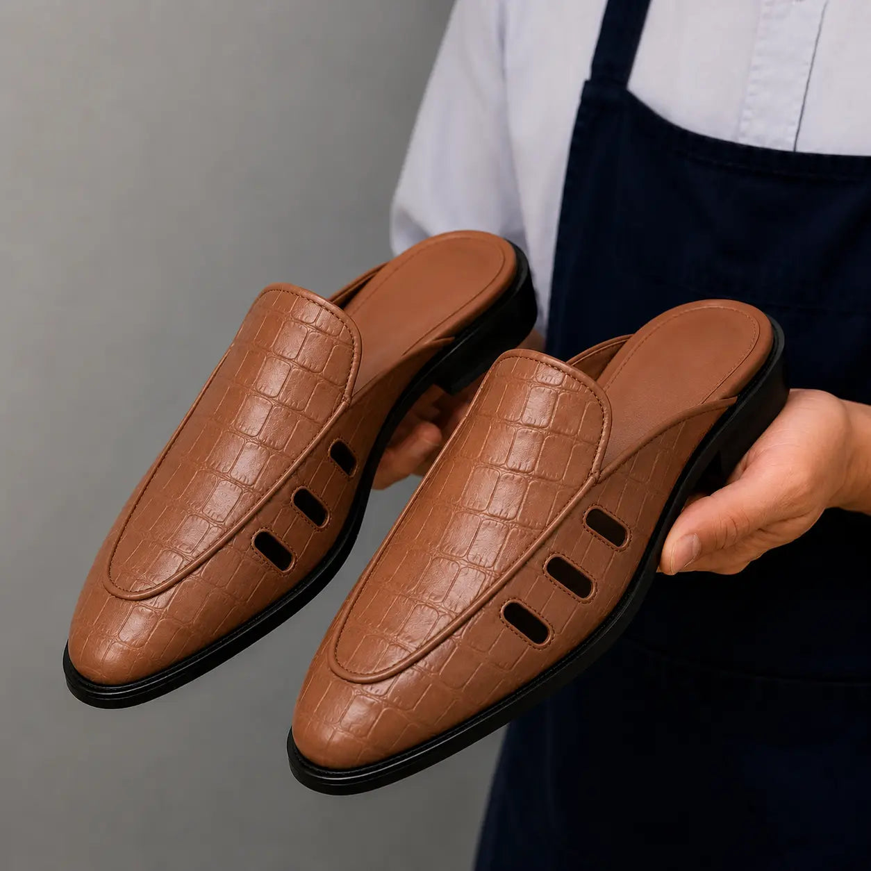 Man holding a pair of Melodiapelle Miami Mule shoes in tan leather, close-up