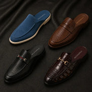 Melodiapelle Michelle Mule collection in blue, tan, brown and black suede, handcrafted backless mule loafers displayed together