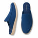 Royal blue suede backless mule, three-quarter angle showing heel and sole detailing