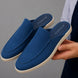 Man holding a pair of Melodiapelle Michelle Mule shoes in royal blue suede, close-up