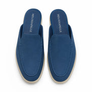 Melodiapelle Michelle Mule in royal blue suede, pair top-down view, handcrafted in Agra