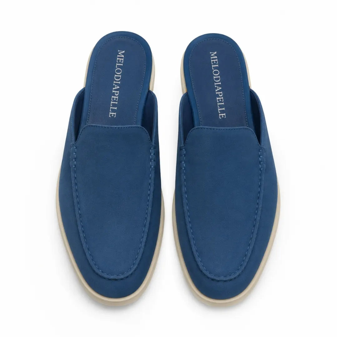 Melodiapelle Michelle Mule in royal blue suede, pair top-down view, handcrafted in Agra