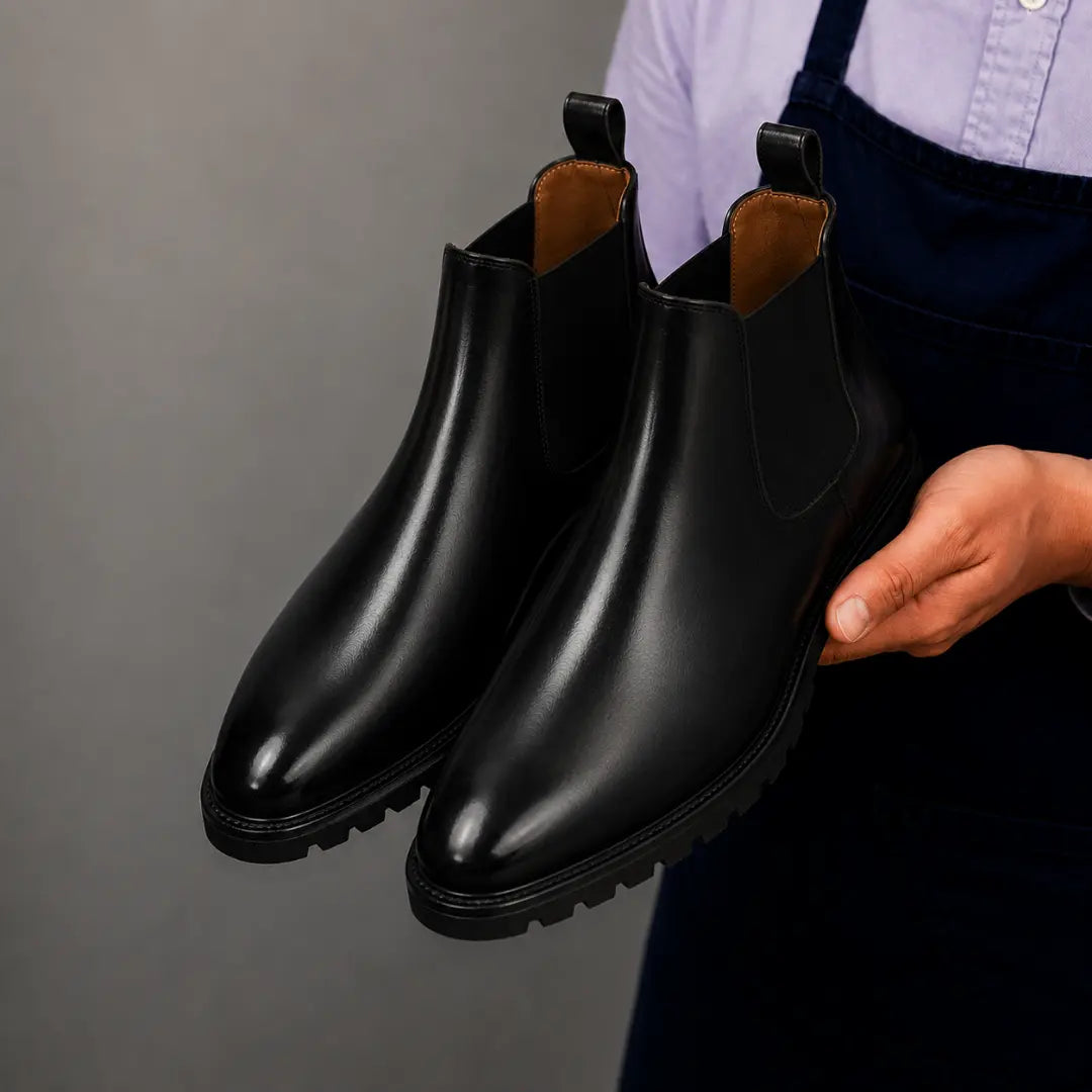 Man holding a pair of Melodiapelle Michigan Chelsea Boots in black leather, close-up