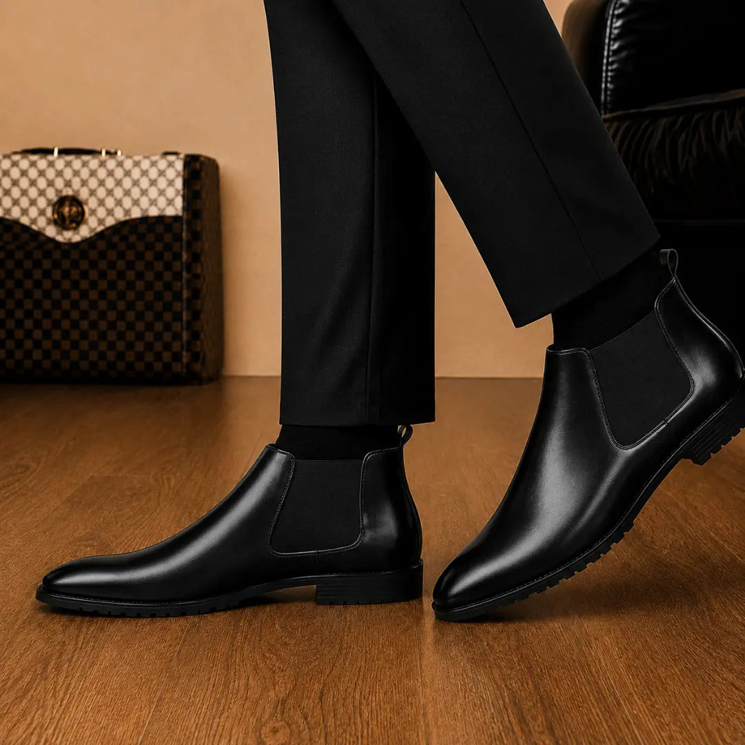 Melodiapelle Michigan Chelsea Boot in black leather worn with formal trousers, on-feet shot