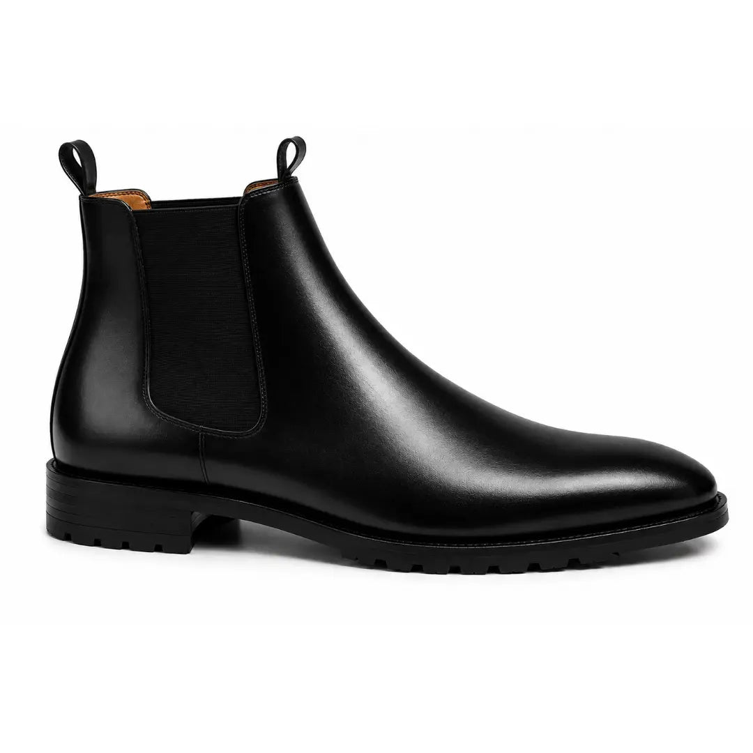 Side profile of the Michigan Chelsea Boot in black leather on white background